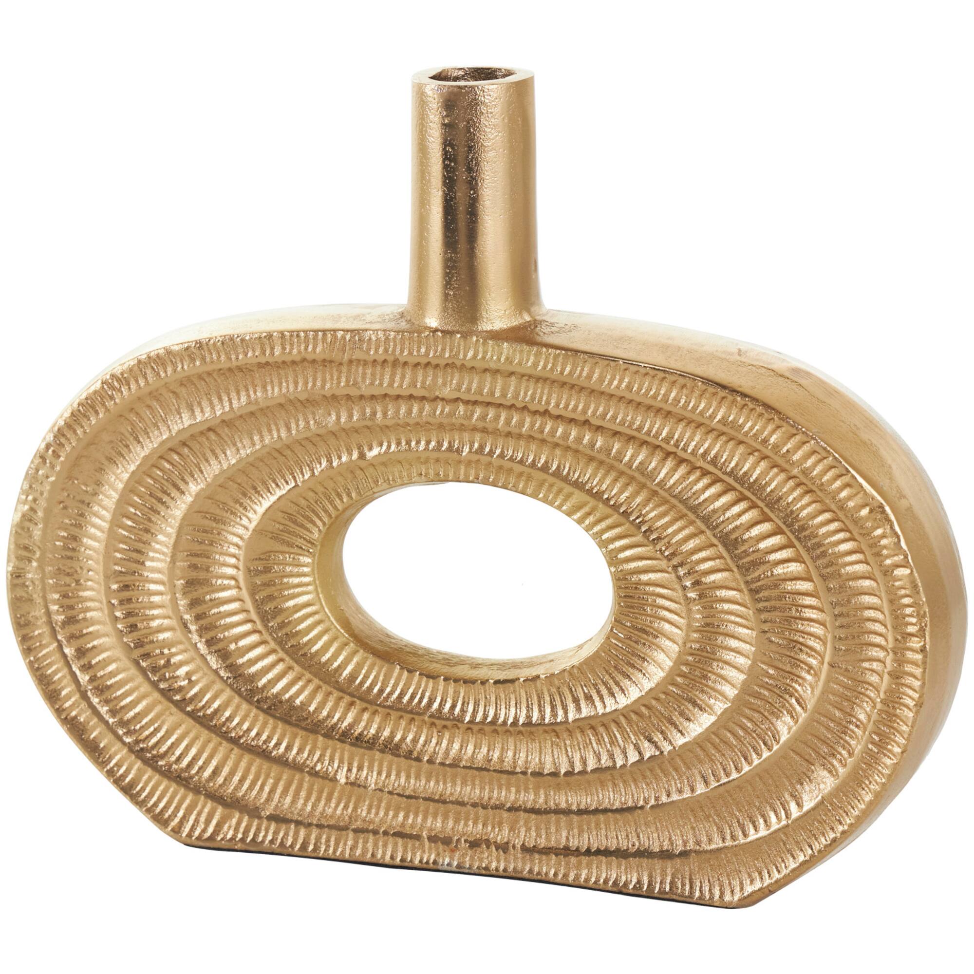 10" Gold Aluminum Geometric Circular Vase with Linear Etchings